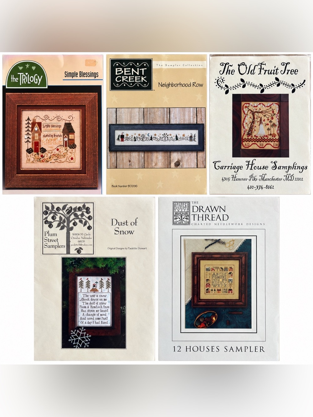 Cross Stitch Pattern Lot 5 Plum Street Bent Creek Drawn Thread Primitive Sampler